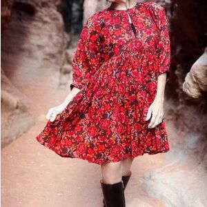 Sundry Floral Dress red boho above knee fit flare size 0